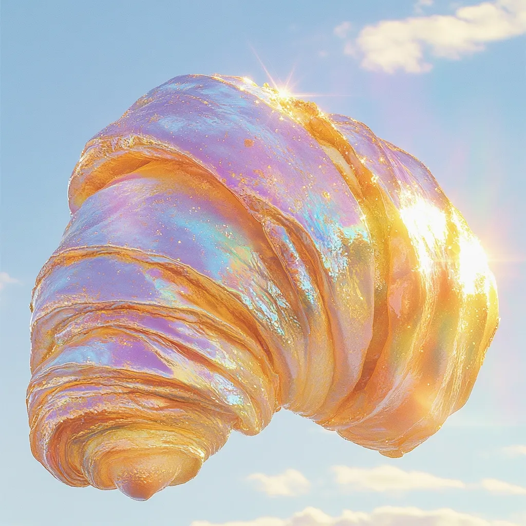 Here's a description of the image:

The image showcases a surreal, large-scale croissant against a backdrop of a light blue sky dotted with fluffy white clouds.  The croissant is rendered in a hyperrealistic style, exhibiting an iridescent, almost metallic sheen with colors shifting between gold, peach, and lavender. The light catches its voluminous, layered form, creating highlights that suggest a sunlit setting. The overall effect is dreamlike and whimsical, blurring the line between food and abstract sculpture.