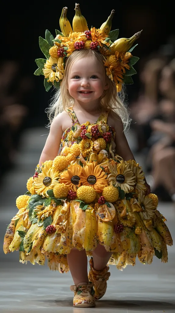 A toddler confidently walks a runway, adorned in a breathtaking, edible dress.  The vibrant yellow garment is a masterpiece of floral and fruit artistry, featuring sunflowers, bananas, and other fruits and berries meticulously arranged.  A matching headdress, a crown of bananas and flowers, completes the ensemble. The child's joyful expression adds to the whimsical charm of this unique fashion statement.  The overall effect is one of playful elegance and artistic ingenuity.