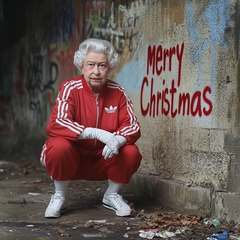 Here's a description of the image:

The image shows Queen Elizabeth II in an unexpected setting. She is crouched down, wearing a vibrant red Adidas tracksuit with white stripes, white gloves, and white Adidas sneakers.  Her expression is serious.  She is positioned against a graffiti-covered wall, where "Merry Christmas" is spray-painted in red. The contrast between the Queen's regal persona and the street-style attire and backdrop creates a humorous and jarring effect. The ground is littered with debris.