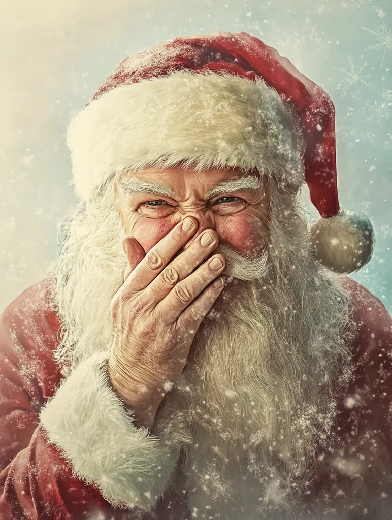 Here's a description of the image:

A jovial Santa Claus, depicted in a digitally enhanced style, is shown chuckling heartily, his hand partially covering his mouth.  His face is etched with wrinkles of age and merriment, his eyes crinkling at the corners.  His long, white beard is dusted with a soft, falling snow effect, mirroring the snowflakes gently drifting in the background.  He’s dressed in a traditional red and white Santa suit, complete with a fluffy hat. The overall mood is cheerful and festive, suggestive of Christmas joy.