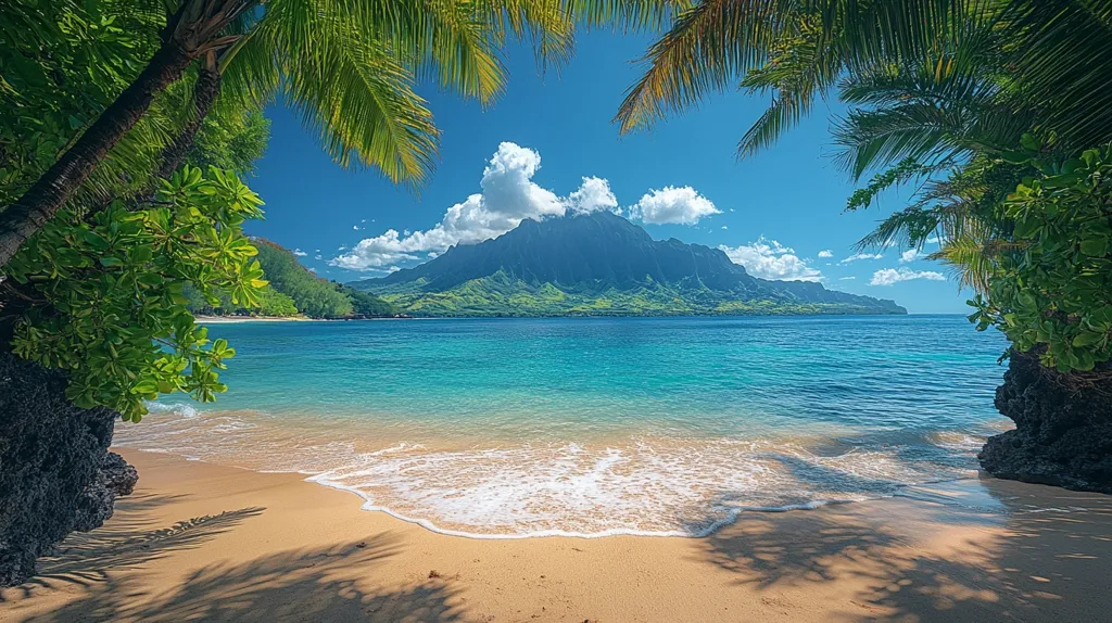 Here's a description of the image:

A secluded tropical beach scene unfolds, framed by lush palm trees leaning into the view.  Soft, white waves gently lap the golden sand, meeting a vibrant turquoise sea. In the background, a majestic, dark green mountain rises dramatically against a clear blue sky dotted with fluffy white clouds. The overall impression is one of serene beauty and idyllic tranquility, a classic paradise setting.