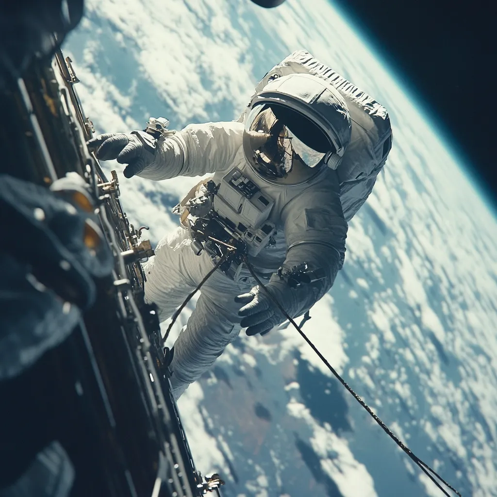 Here's a description of the image:

The image shows an astronaut performing a spacewalk, tethered to a spacecraft. The astronaut is captured from a low angle, emphasizing the vastness of space and the curvature of Earth visible in the background. The astronaut's spacesuit is white, with visible equipment and tethers. The Earth's atmosphere is seen as a thin blue line contrasting with the dark void of space. The scene is dramatic and awe-inspiring, highlighting the scale and isolation of space exploration.