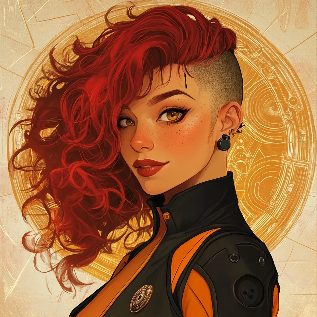 The illustration showcases a striking young woman with vibrant red, curly hair styled into a modern undercut.  Her freckled face, accentuated by warm-toned makeup and expressive amber eyes, conveys confidence and a hint of mischief. She's dressed in a dark, futuristic-style jacket with orange accents, suggesting a strong, possibly technologically advanced, persona.  The background features a circular, golden design, adding a mystical or technological feel to the overall aesthetic. The portrait is highly detailed, emphasizing both the character's features and the texture of her clothing and hair.