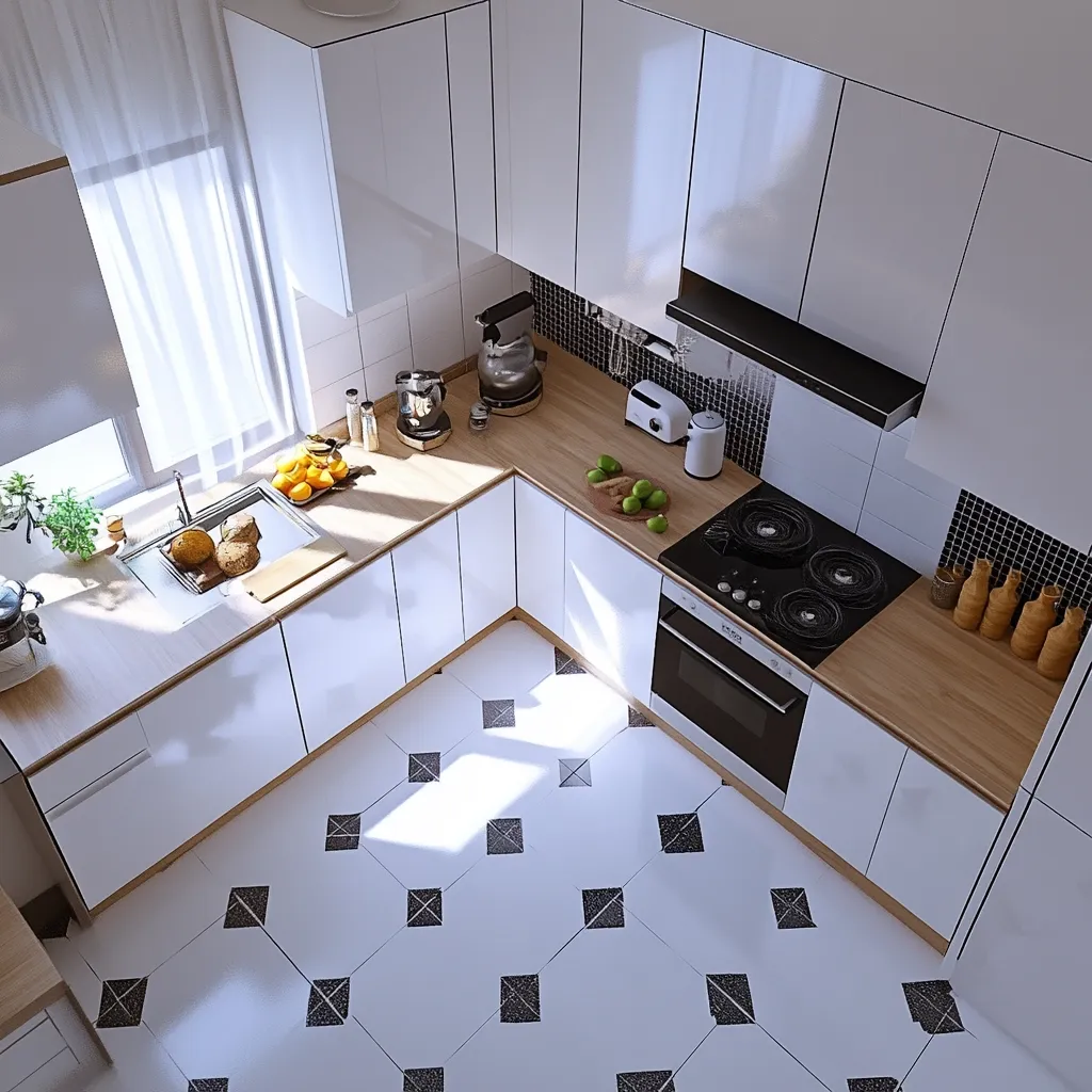Here's a description of the image:

The image is an overhead shot of a modern, L-shaped kitchen. White cabinets are paired with light wood countertops, creating a clean and bright aesthetic. The floor features a stylish black and white diamond-patterned tile.  The kitchen is well-equipped with appliances including a stovetop, oven, toaster, and kettle. Sunlight streams in from a window to the left, illuminating parts of the counter and floor. Fruits and other kitchen items are neatly arranged on the countertops, adding a touch of domestic warmth to the otherwise sleek design.