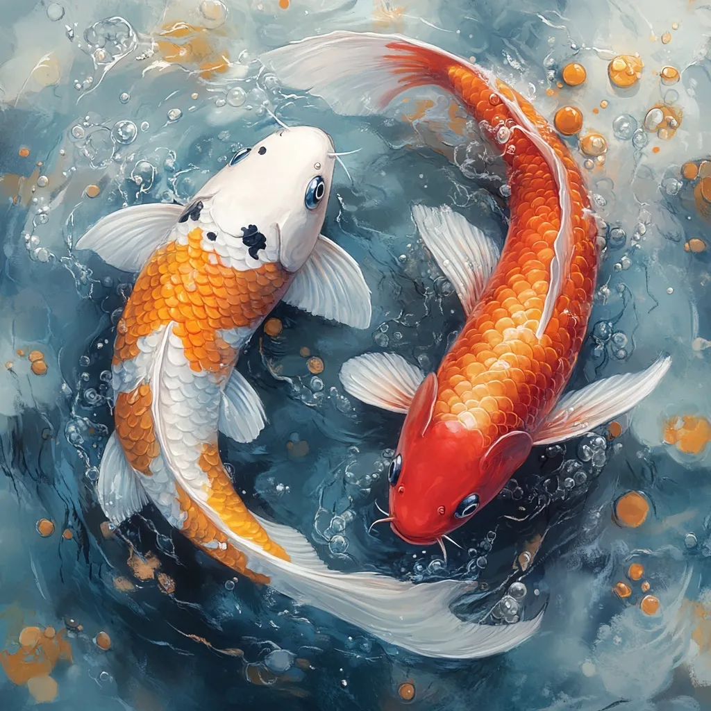 A vibrant painting depicts two koi fish gracefully swimming in a circular motion. One koi is predominantly white with orange and black markings, while the other is a striking red and orange.  The fish appear to be intertwined, creating a sense of balance and harmony.  The water is depicted with a textured, bluish-grey tone, punctuated by small bubbles and golden specks, suggesting movement and light. The overall style is realistic, highlighting the scales and details of the fish.