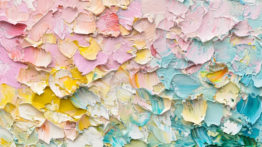 Here's a description of the image:

The image is a close-up shot of an impasto oil painting.  The style is abstract, with no discernible objects or figures.  The palette consists primarily of pastel colors: pinks, yellows, light blues, and whites.  The paint is applied thickly, creating a textured surface with visible brushstrokes and peaks.  The colors blend and swirl together, creating a dreamy, almost cloud-like effect. The overall impression is one of lightness, airiness, and gentle movement.