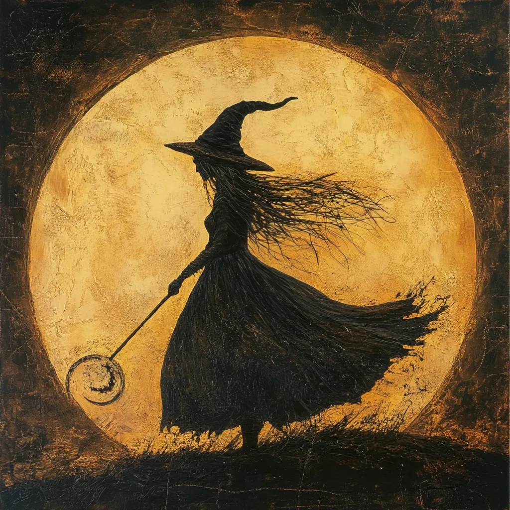 The artwork depicts a silhouette of a witch against a large, golden full moon.  She wears a long dress and pointed hat, her hair flowing in the wind as she holds a staff with a swirling, crescent-shaped end.  The style is dark and evocative, with a textured, almost rough, surface to the painting. The overall mood is mysterious and slightly eerie, reminiscent of classic Halloween imagery. The contrast between the dark figure and the luminous moon creates a visually striking image.