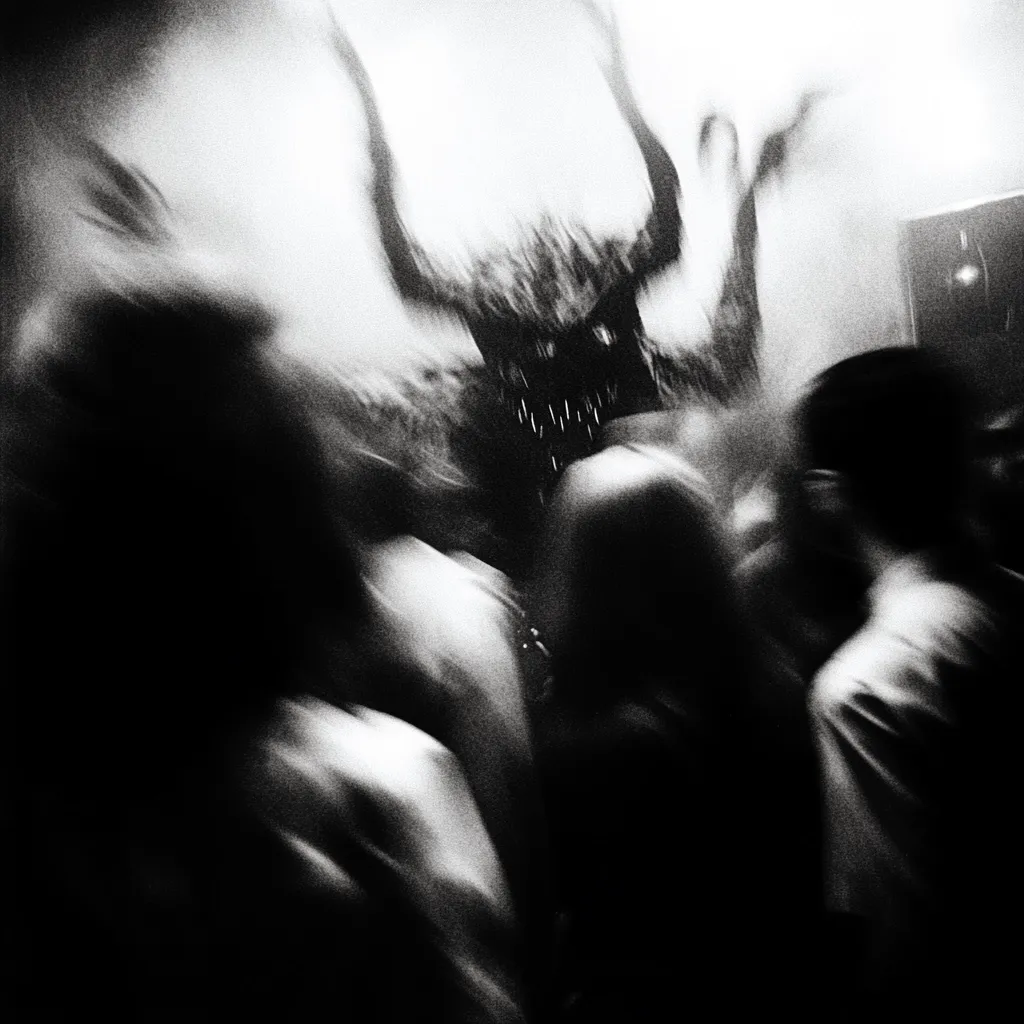 Here's a description of the image:

The black and white photograph is a blurry, motion-filled scene seemingly depicting a crowd of people at a concert or event. A large, indistinct, shadowy figure dominates the center, resembling a monstrous or demonic creature with outstretched arms. Its features are obscured by the darkness and motion blur, creating a feeling of unease. The surrounding figures are equally indistinct and appear to be moving, adding to the chaotic and slightly frightening atmosphere. The overall effect is one of intense energy and a sense of something overwhelming or surreal happening amidst the crowd.