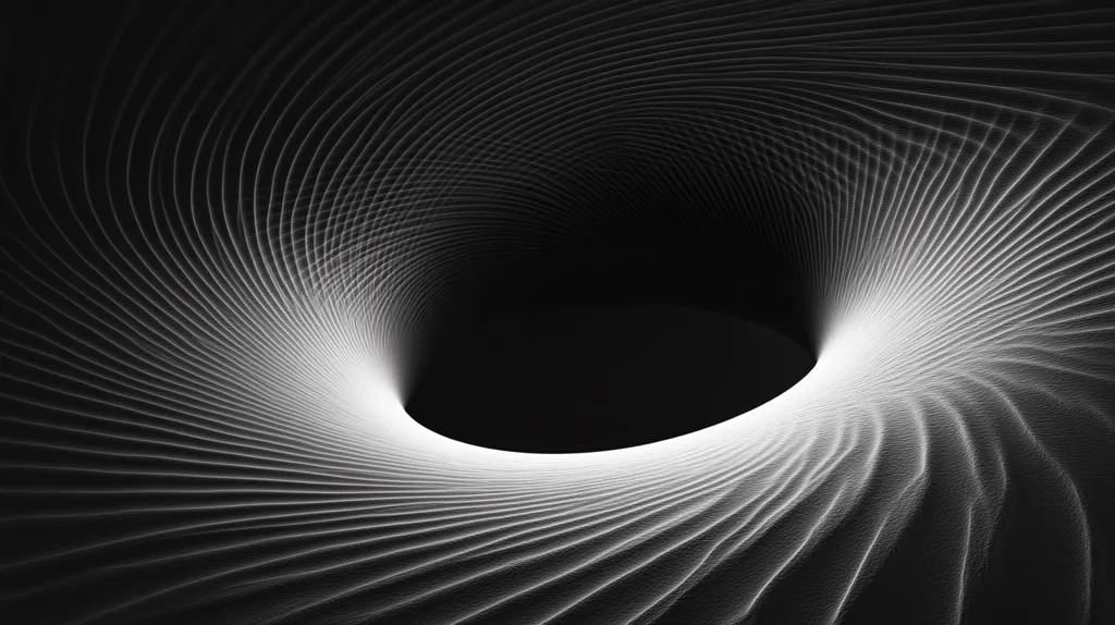 The image presents a mesmerizing abstract vortex, rendered in grayscale.  Thin, parallel lines curve inward, creating a swirling effect that draws the eye towards a dark, central void.  The lines are brighter near the center, creating a luminescent effect against the deep black background. The overall impression is one of depth, movement, and an almost hypnotic pull.  The texture appears subtly granular, adding a tactile dimension to the digital artwork.