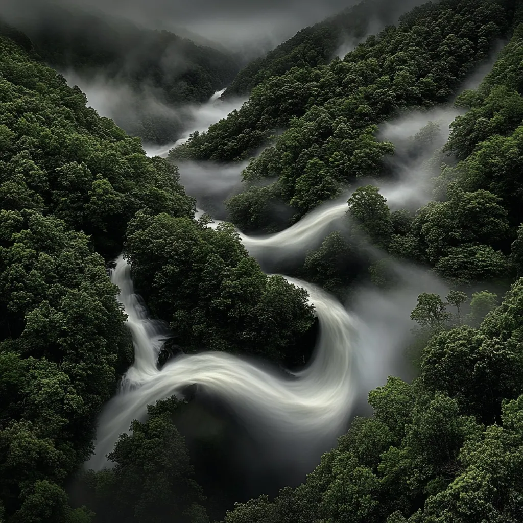 Here's a description of the image:

The photograph depicts a breathtaking aerial view of a lush, verdant forest valley.  Several cascading waterfalls, rendered with a motion blur effect, appear as swirling ribbons of white against the dark green foliage.  A misty fog hangs low in the valley, accentuating the ethereal quality of the waterfalls and creating a sense of depth and mystery. The overall mood is serene and dramatic, highlighting the raw beauty of nature. The contrast between the bright white water and the deep green forest is striking.