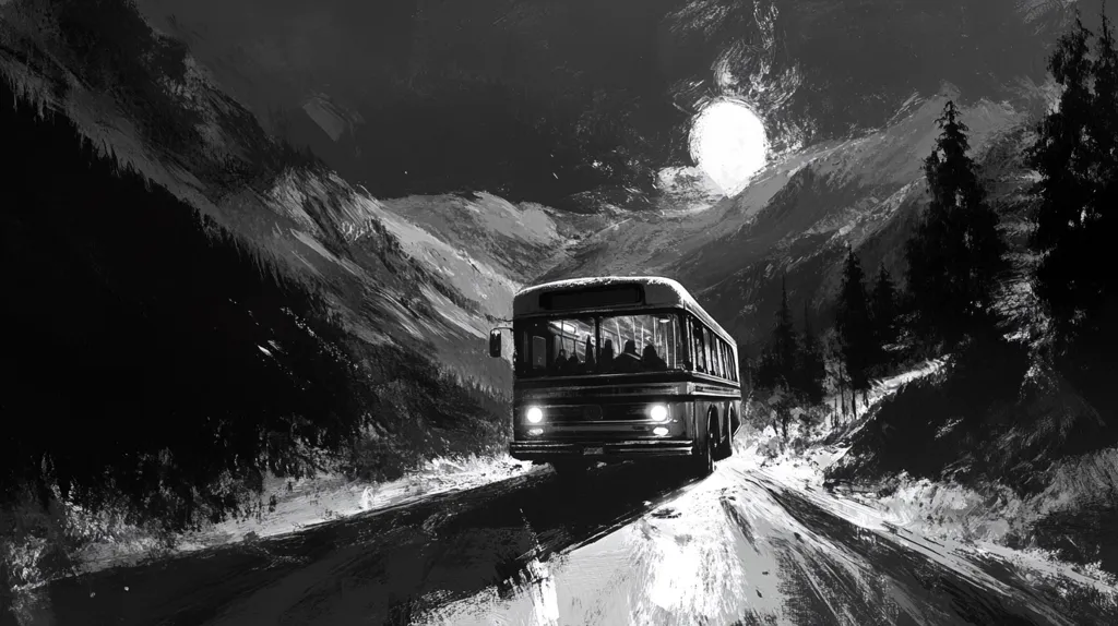 A black and white illustration depicts a bus traveling a snowy mountain road under a large, bright moon.  The bus is filled with passengers, barely visible through the windows.  The style is painterly, with visible brushstrokes creating texture in the snow, mountains, and sky.  Dark, shadowy evergreens line the roadside, adding to the dramatic, atmospheric scene.  The overall feeling is one of isolation and journey.
