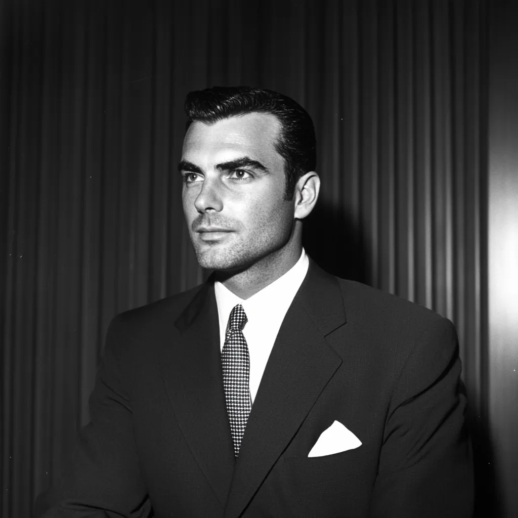 Here's a description of the image:

The black and white portrait shows a sharply dressed man, possibly in his 20s or 30s, with a neatly combed back hairstyle.  He's wearing a dark suit, a crisp white shirt, and a patterned tie. A white pocket square is subtly visible in his breast pocket. His expression is serious and contemplative, his gaze directed slightly to his left. The backdrop consists of vertical lines, suggesting a curtain or textured wall, providing a stark contrast to the man's smooth features and tailored clothing.  The overall impression is one of sophisticated elegance and quiet confidence.
