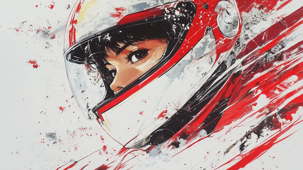 The artwork is a stylized portrait of a young woman wearing a racing helmet. The helmet is predominantly white and red, with splashes of paint suggesting movement and speed.  The woman's face is partially visible, her dark hair and expressive eyes are accentuated against the bold colors of the helmet. The background is a dynamic blend of red, white, and black brushstrokes, mirroring the energy of racing. The overall style is expressive and vibrant, reminiscent of manga or anime aesthetics.