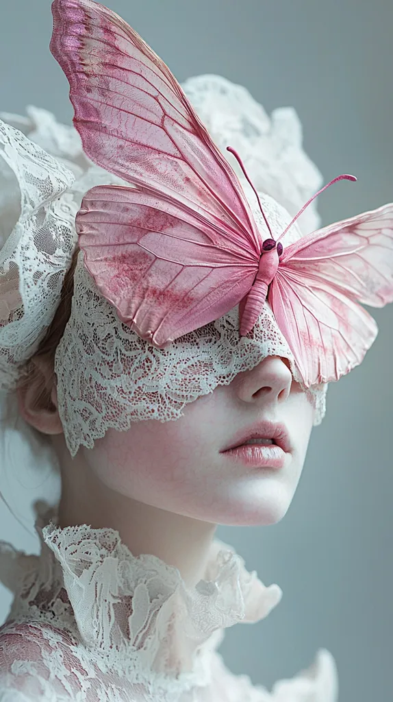 Here's a description of the image:

The image portrays a woman with a delicate, ethereal quality.  Her face is partially obscured by a mask crafted from delicate, off-white lace and a large, blush-pink butterfly. The butterfly's wings are intricately detailed, almost translucent, and spread wide to cover her eyes. She wears a high-collared garment of matching lace, enhancing the overall delicate and romantic aesthetic. The background is a muted, soft gray, drawing focus to the central figure and the contrasting colors of the lace and butterfly. The overall mood is one of mystery and serene beauty.