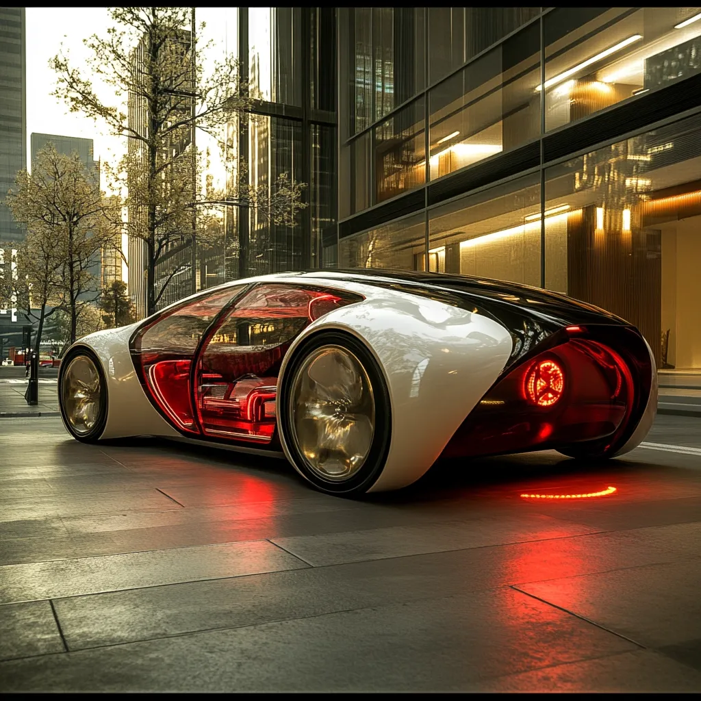 A futuristic, sleek car, predominantly white with a black rear, is parked on a city street.  Its design is smooth and curvaceous, with large, gold-rimmed wheels. The interior, partially visible through transparent panels, glows with red lighting.  The car is positioned in front of a modern glass building, suggesting a setting in a technologically advanced urban environment.  The overall image conveys a sense of luxury and innovation.