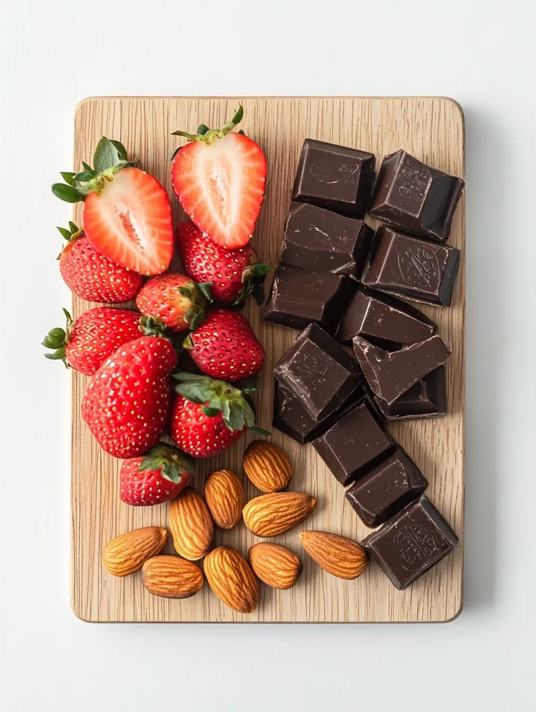Here's a description of the image:

A wooden cutting board holds a delightful arrangement of fresh strawberries, dark chocolate squares, and almonds.  The strawberries, some halved, are vibrant red and arranged in a cluster. The dark chocolate is broken into irregular pieces, showcasing its rich texture.  The almonds are neatly placed around the chocolate, forming a loose circle.  The overall presentation is clean and appealing, suggesting a healthy and indulgent snack or dessert.  The background is a simple white surface, allowing the vibrant colors of the food to stand out.