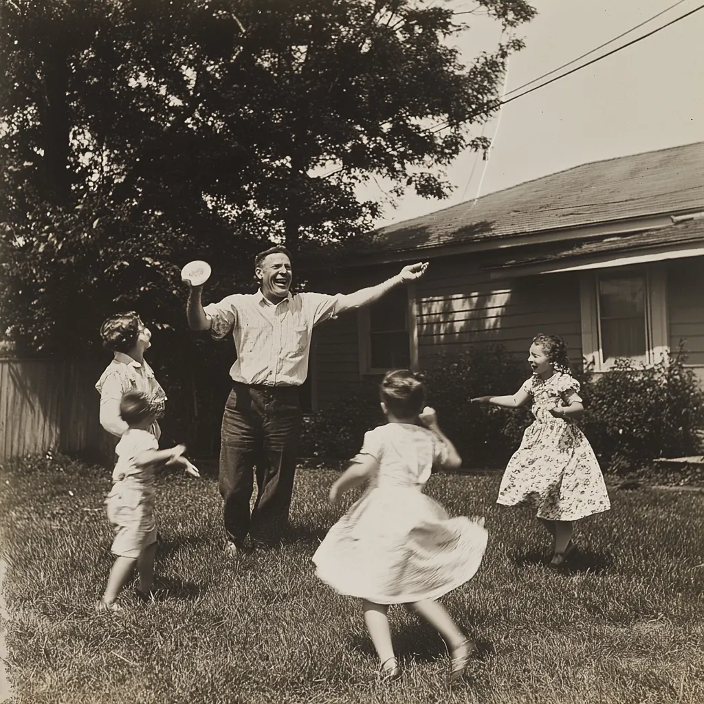 Here's a description of the image:

A black and white photograph captures a joyful family scene. A man, the apparent father, stands in the center, arms outstretched, playfully tossing a plate-like object.  He's grinning broadly.  Three children, two girls and a boy, surround him, laughing and engaging in the game. A woman, likely the mother, watches from the side. They're all dressed in casual clothing from an era seemingly around the 1930s or 40s. The backdrop is a simple house with a lawn, suggesting a backyard setting, giving off a warm, nostalgic feeling. The image is sharp, with good contrast between light and shadow.