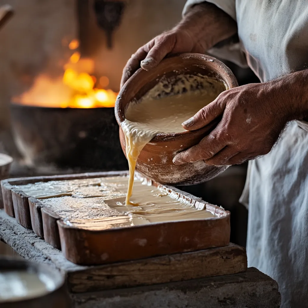 A person wearing a white robe pours a pale, creamy liquid from a clay bowl into a terracotta mold. The mold is divided into sections, suggesting the creation of multiple bars. A fire is visible in the background, hinting at a traditional, possibly historical, soap-making or similar process.  The scene is rustic and dimly lit, emphasizing the handcrafted nature of the work. The artisan's hands are weathered and show years of experience.
