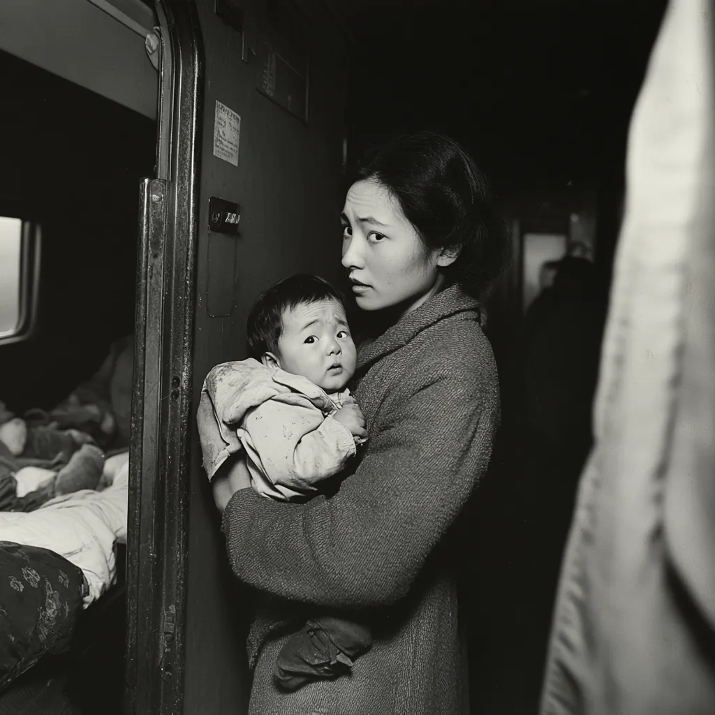 A black and white photograph captures a young Asian woman cradling a baby in her arms.  The woman's expression is serious, almost apprehensive.  They stand in a dimly lit train car, the dark interior and worn metal walls of the train visible behind them.  A partially visible bunk bed suggests a crowded space. The baby is dressed in simple clothing and appears to be gazing directly at the camera. The overall mood of the image is somber and poignant, hinting at displacement or hardship.