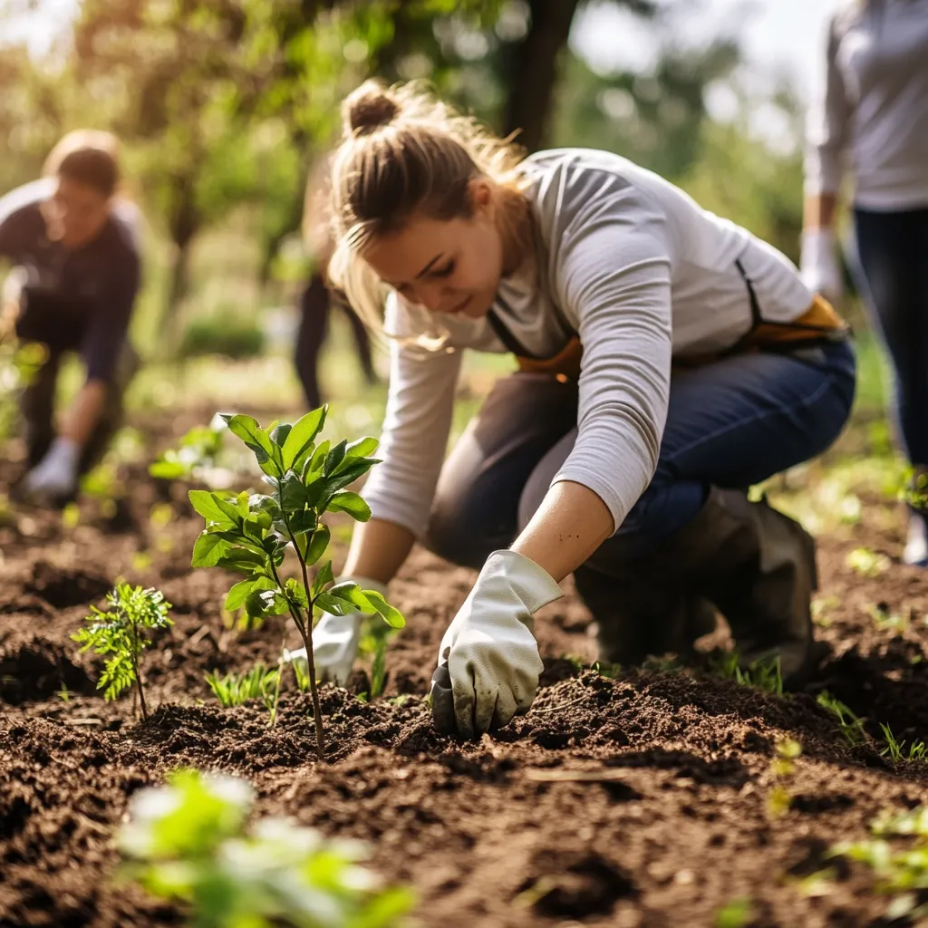 A young woman kneels in a garden, carefully planting a small sapling in rich dark soil.  She wears gardening gloves and is focused on her task. In the blurred background, other individuals are also working in the garden, suggesting a community gardening project or volunteer effort. The scene is bathed in sunlight, conveying a feeling of springtime growth and community engagement.