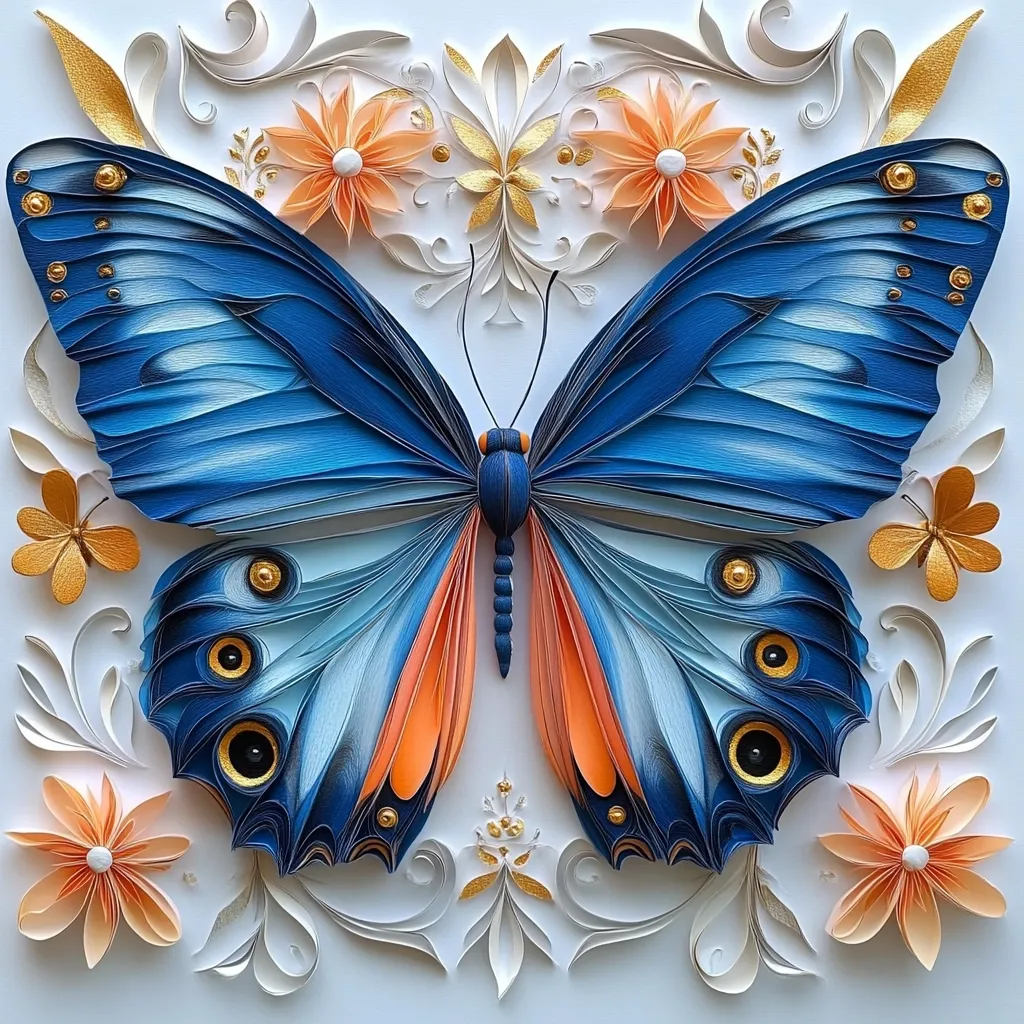 This exquisite piece of paper art depicts a large, intricately detailed butterfly.  Its wings are predominantly a deep blue, graduating to lighter shades and accented with vibrant orange.  Gold embellishments add a touch of luxury.  The butterfly is surrounded by a delicate floral arrangement crafted from paper, featuring peach and white flowers, and swirling, filigree-like designs in white and gold. The overall effect is one of delicate beauty and masterful craftsmanship.
