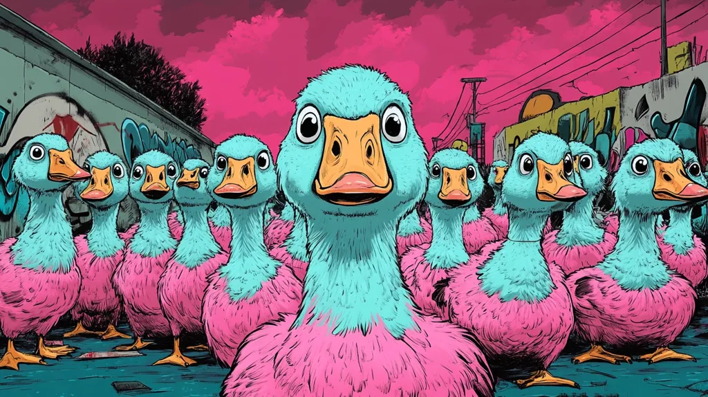 Here's a description of the image:

The illustration depicts a group of stylized geese, predominantly light teal with vibrant pink underbellies. They are positioned against a backdrop of a graffiti-covered wall and urban street scene, painted in a bold, contrasting pink and dark colors. The geese are arranged in a semi-circle, with one central goose looking directly at the viewer. The style is cartoonish yet detailed, with exaggerated features, such as large eyes and a prominent orange beak on the central goose. The overall mood is playful and slightly surreal, combining cute animal imagery with a gritty urban setting.