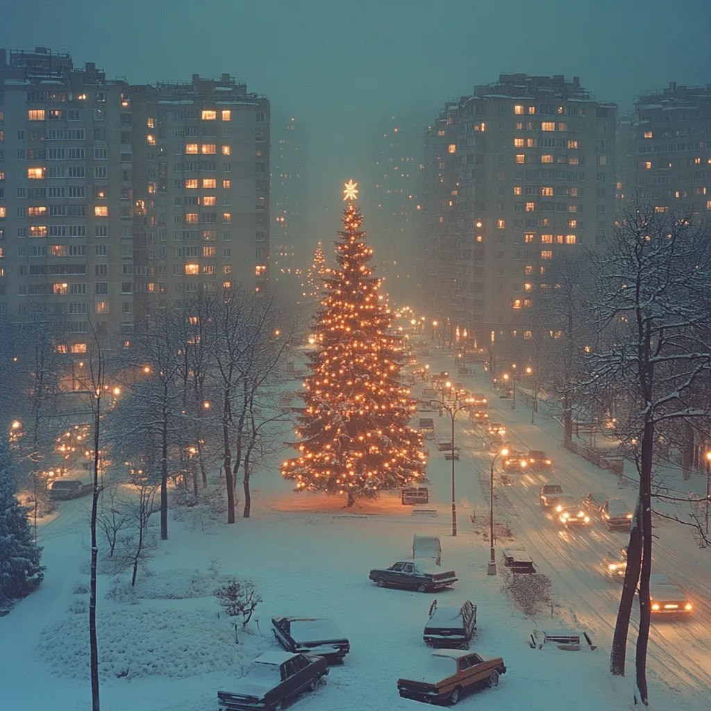 Here's a description of the image:

A snow-covered city street scene at twilight features a large, brightly lit Christmas tree at its center.  The tree stands in a snow-dusted park, surrounded by parked cars.  Tall apartment buildings with illuminated windows line both sides of the street, their lights casting a warm glow against the cold night.  Bare, snow-laden trees frame the scene, adding to the wintery ambiance. The overall atmosphere is serene and festive, evoking a classic Christmas postcard feel.  A light snowfall seems to be falling, further enhancing the peaceful winter setting.