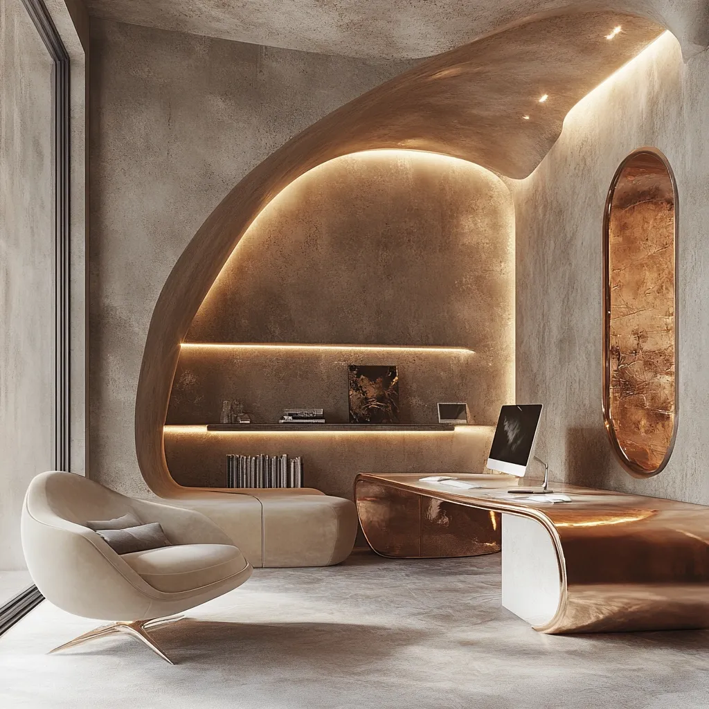 A modern, minimalist study is showcased.  The room features a curved, illuminated alcove housing built-in shelving and a sleek, copper-toned desk. A beige armchair sits opposite the desk, providing a comfortable space. The walls are a textured concrete, contrasting with the metallic sheen of the desk and the soft upholstery of the chair.  Warm lighting enhances the luxurious and sophisticated ambiance.  An oval, metallic mirror adds a final touch of elegance.