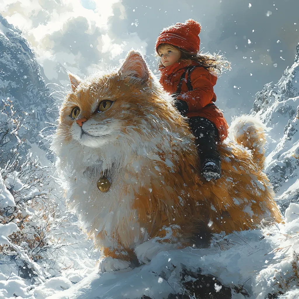 A young girl in a red hat and coat sits atop a colossal, fluffy ginger cat in a snowy mountain landscape.  The cat is impossibly large, its fur dusted with snow. The scene is idyllic and whimsical, with falling snow creating a magical atmosphere. The girl looks serenely ahead, seemingly unfazed by the size of her feline mount.  The background features snow-covered mountains and trees, enhancing the winter wonderland setting.