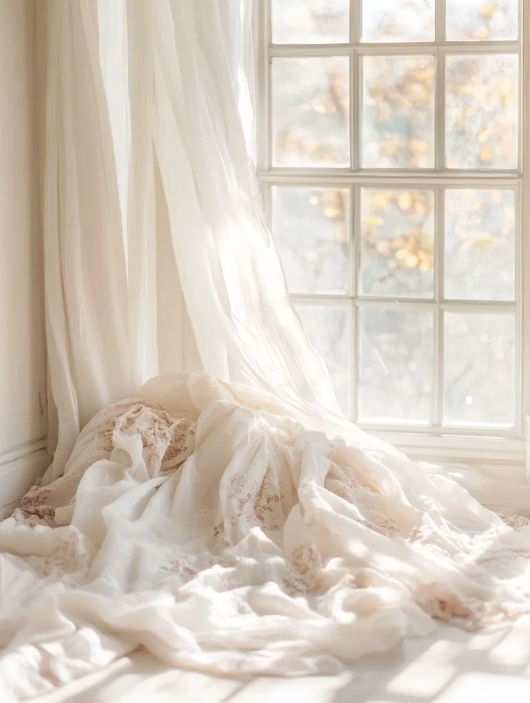 Sunlight streams through a large, multi-paned window, illuminating sheer white curtains draped artfully across a window seat.  The fabric, possibly linen or a similar material, pools onto the floor in soft folds.  Delicate lace detailing is visible throughout the fabric. The overall mood is serene and peaceful, suggesting a feeling of quiet elegance and calm.