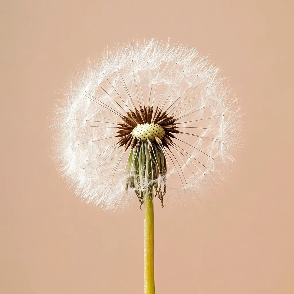 Here is a description of the image:

Close-up view of a dandelion seed head against a muted peach background.  The delicate, white seeds are attached to thin, wispy stems radiating from a central, dried brown receptacle.  The stem is long and slender, a pale yellowish-green color. The overall impression is one of fragility and ethereal beauty. The lighting is soft and even, highlighting the fine details of the dandelion's structure.