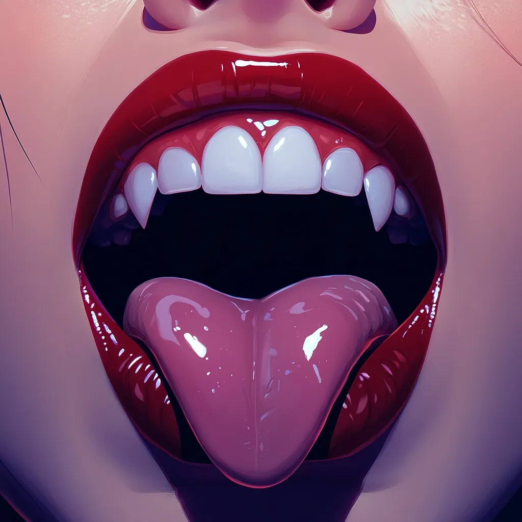 Here's a description of the image:

Close-up view of a stylized female mouth with vibrant red lips parted to reveal sharp, pointed fangs and a glossy pink tongue. The teeth are white and evenly spaced, contrasting with the deep red of the lips. The overall style is digitally rendered, with a smooth, almost polished texture to the lips and skin. The lighting enhances the glossiness and highlights the details of the teeth and tongue. The image evokes a sensual yet slightly sinister or vampiric feel.