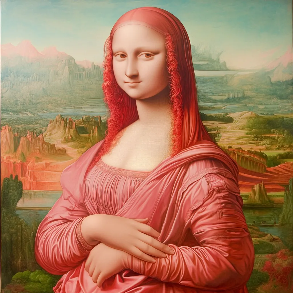This painting is a vibrant reimagining of the Mona Lisa.  The subject retains Leonardo da Vinci's iconic features and pose, but her hair is a striking, vibrant coral red, and her dress is a similarly intense pinkish-red. The background landscape, while reminiscent of the original, is sharper and more saturated in color, giving the overall piece a modern, almost surreal feel. The style appears hyperrealistic, capturing fine details in both the subject’s complexion and the textured landscape. The overall effect is a bold and captivating update on a classic masterpiece.
