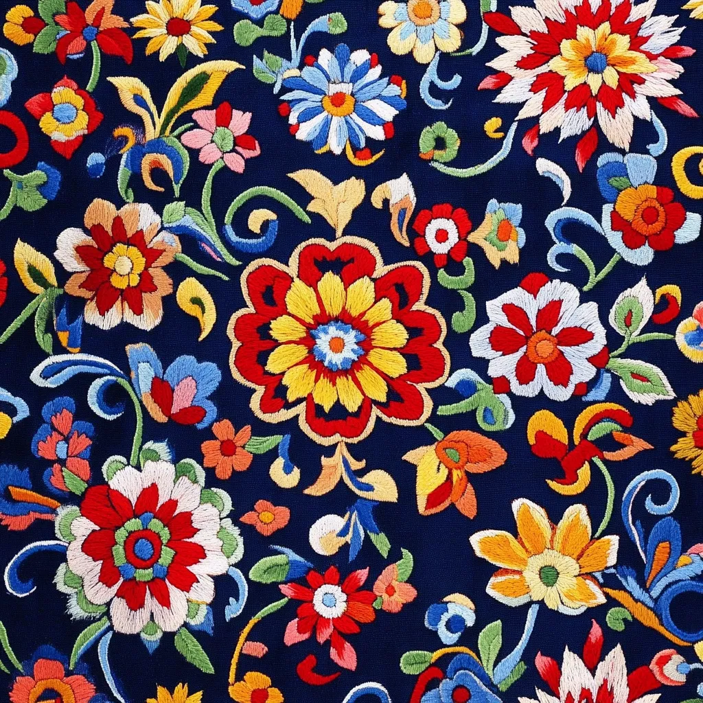 Here's a description of the image:

The image shows a richly embroidered fabric in vibrant colors. The design features a densely packed, repeating pattern of stylized flowers in shades of red, yellow, orange, blue, pink, and white, set against a deep navy blue background.  The flowers vary in size and shape, with some larger, more prominent blooms and smaller accent flowers interspersed. Intricate swirling stems and leaves connect the blossoms, creating a continuous floral tapestry. The embroidery style appears traditional, with meticulous stitching detail. The overall impression is one of bold color and intricate craftsmanship.