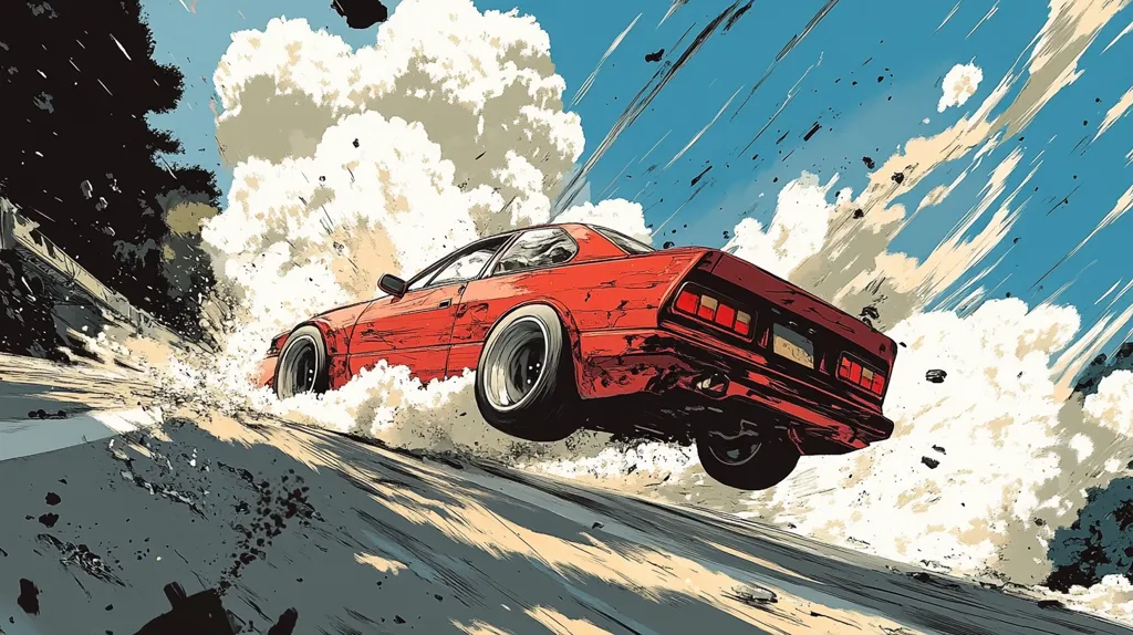A vibrant illustration captures a red sports coupe mid-drift, tires kicking up dust and debris on a winding road.  The car is depicted in dynamic motion, seemingly airborne, against a backdrop of a bright blue sky streaked with motion lines. A large cloud of white smoke or dust explodes behind it, emphasizing the speed and force of the maneuver. The style is reminiscent of graphic novels or anime, with bold outlines and a stylized depiction of movement and energy.  The overall scene conveys a sense of intense action and speed.