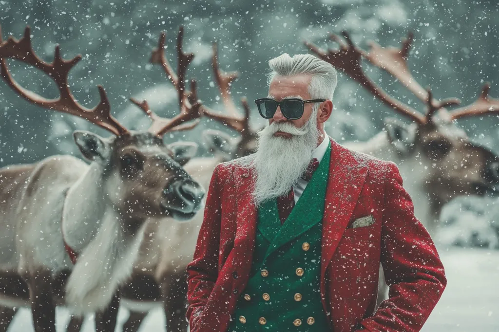 Here's a description of the image:

A stylish, older man with a long white beard and mustache, wearing dark sunglasses, a red blazer, and a green waistcoat, stands in a snowy woodland setting.  Two reindeer with large antlers are blurred in the background, suggesting a festive, possibly Christmas-themed scene.  Snowflakes fall gently around him, adding to the winter ambiance. The man's attire is sophisticated and contrasts sharply with the rustic, natural backdrop.  The overall mood is one of calm elegance in a snowy winter wonderland.