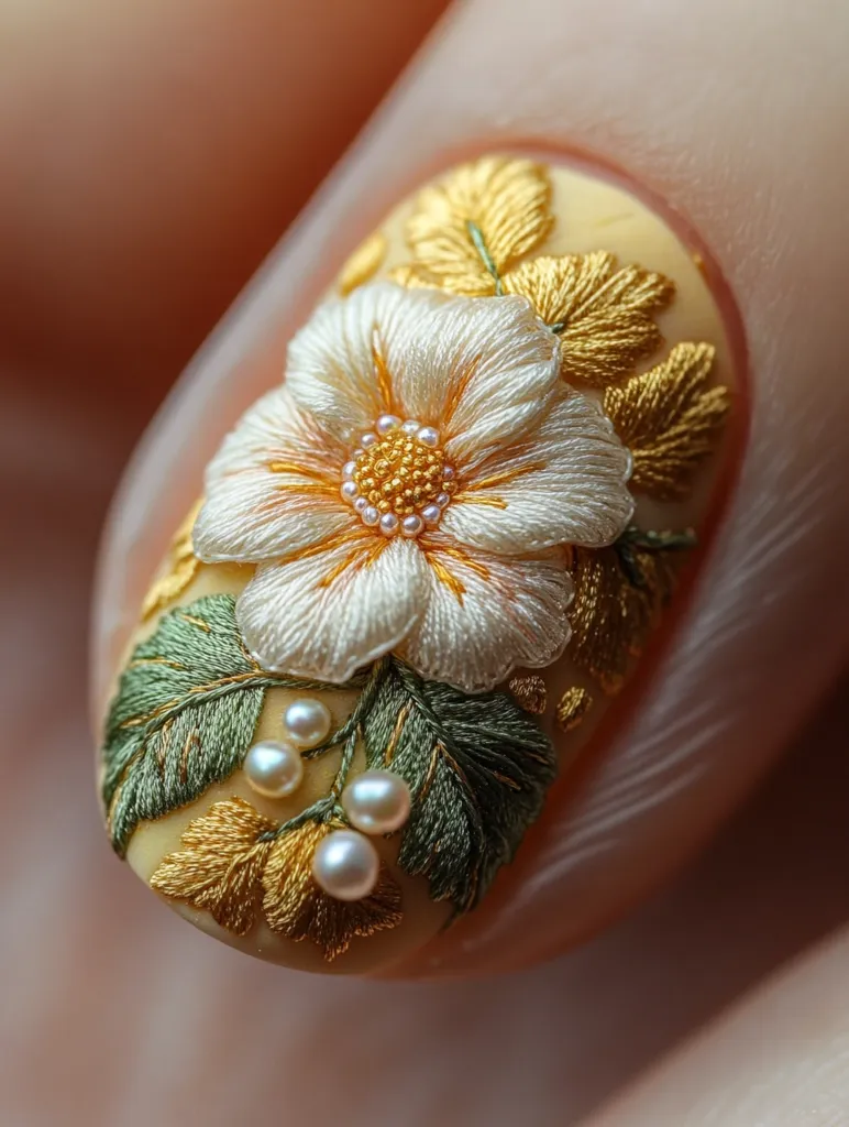 Close-up of a meticulously embroidered nail.  A delicate, off-white flower, crafted with embroidery thread, is the centerpiece.  Surrounding it are gold and green embroidered leaves and small pearl accents, all on a pale yellow base. The intricate detail and artistry create a miniature floral scene on the fingernail. The image showcases exceptional nail art skill and attention to detail.
