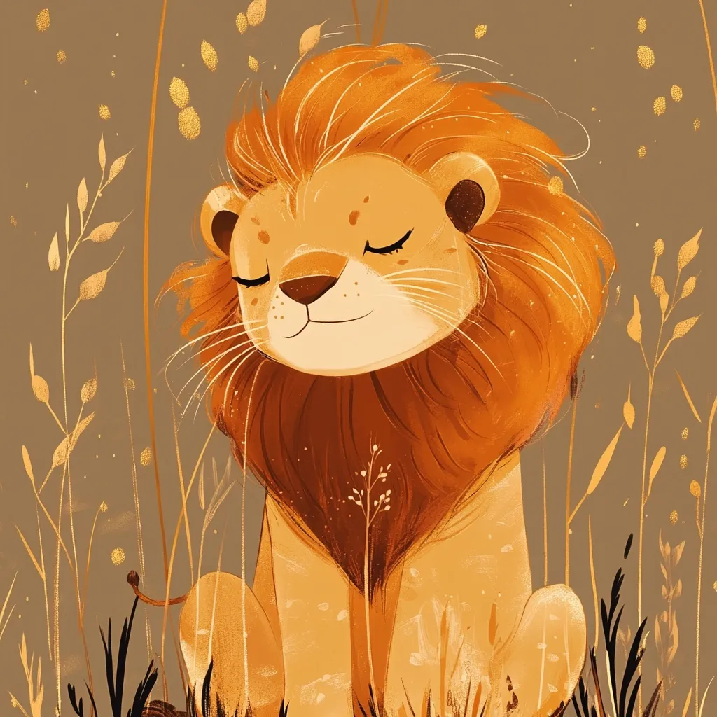 Here's a description of the image:

The illustration depicts a serene lion cub, its eyes gently closed, sitting amidst tall grasses. The lion's mane is a vibrant orange-gold, mirroring the color palette of the stylized flora surrounding it. The overall style is soft and whimsical, with a muted, earthy background.  Golden flecks are scattered throughout, adding a touch of magic to the peaceful scene. The lion's expression conveys calmness and contentment, creating a tranquil and heartwarming image.
