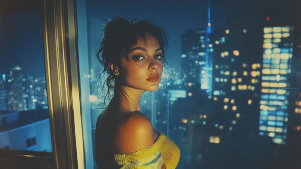 A young woman with dark hair pulled back gazes over her shoulder, her expression serious and captivating.  She's dressed in a yellow off-the-shoulder top, her skin glowing softly in the warm light. The background is a blurred but vibrant cityscape at night, a tapestry of twinkling lights and towering buildings, suggesting an urban setting. The overall mood is one of pensive beauty, a contrast between the intimacy of the portrait and the expansive, dazzling city beyond.