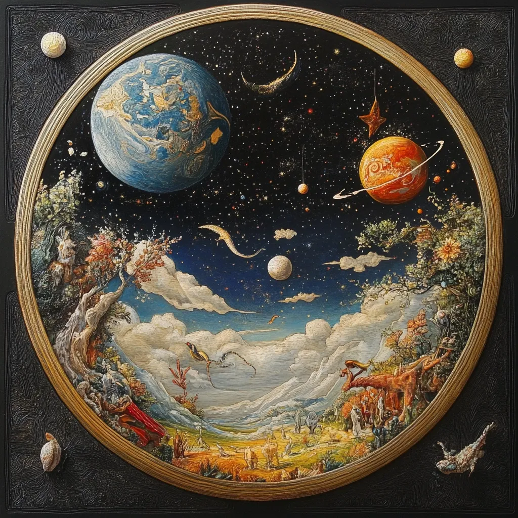 A circular painting depicts a fantastical cosmic landscape. A large, Earth-like planet dominates the upper left, alongside other celestial bodies—planets, moons, and stars—in a dark, starry sky.  Below, a serene earthly scene unfolds with whimsical creatures, lush vegetation, and rolling hills under a fluffy, cloud-filled sky.  The circular frame is ornate, with textured dark background and gold edging, enhancing the piece's otherworldly, dreamlike quality. The style suggests a blend of realism and fantasy.