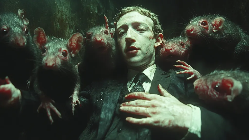 The image is a stylized, possibly digitally enhanced, depiction of Mark Zuckerberg, the CEO of Meta, seemingly submerged and surrounded by numerous rats.  The rats appear monstrous and slightly bloody, their features exaggerated. Zuckerberg's face is pale, and he looks distressed. The overall mood is dark, unsettling, and suggestive of a metaphor about the potential negative impacts of social media or corporate power. The dark green and red tones contribute to the grim atmosphere.