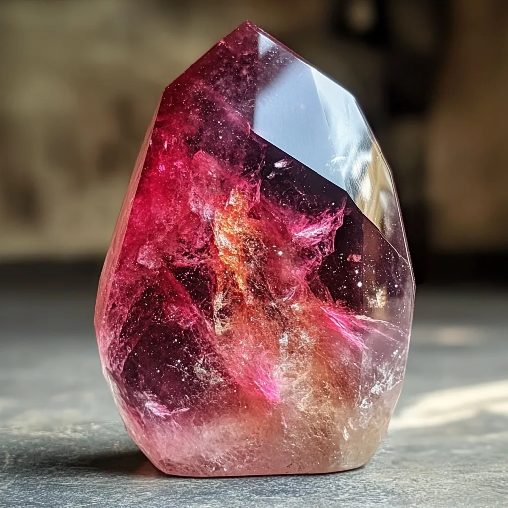 A captivating, polished gemstone, possibly quartz, is presented. Its form is a teardrop-shaped point, displaying vibrant hues of deep crimson and rose, merging into a lighter, almost peachy tone at the base.  Internal swirls and inclusions create a mesmerizing effect, reminiscent of a nebula or galaxy captured within the crystal's translucent body. The lighting highlights its facets, showcasing a depth and luminosity that draws the eye. The smooth, polished surface contrasts with the intricate, cloudy internal structures, enhancing its beauty.