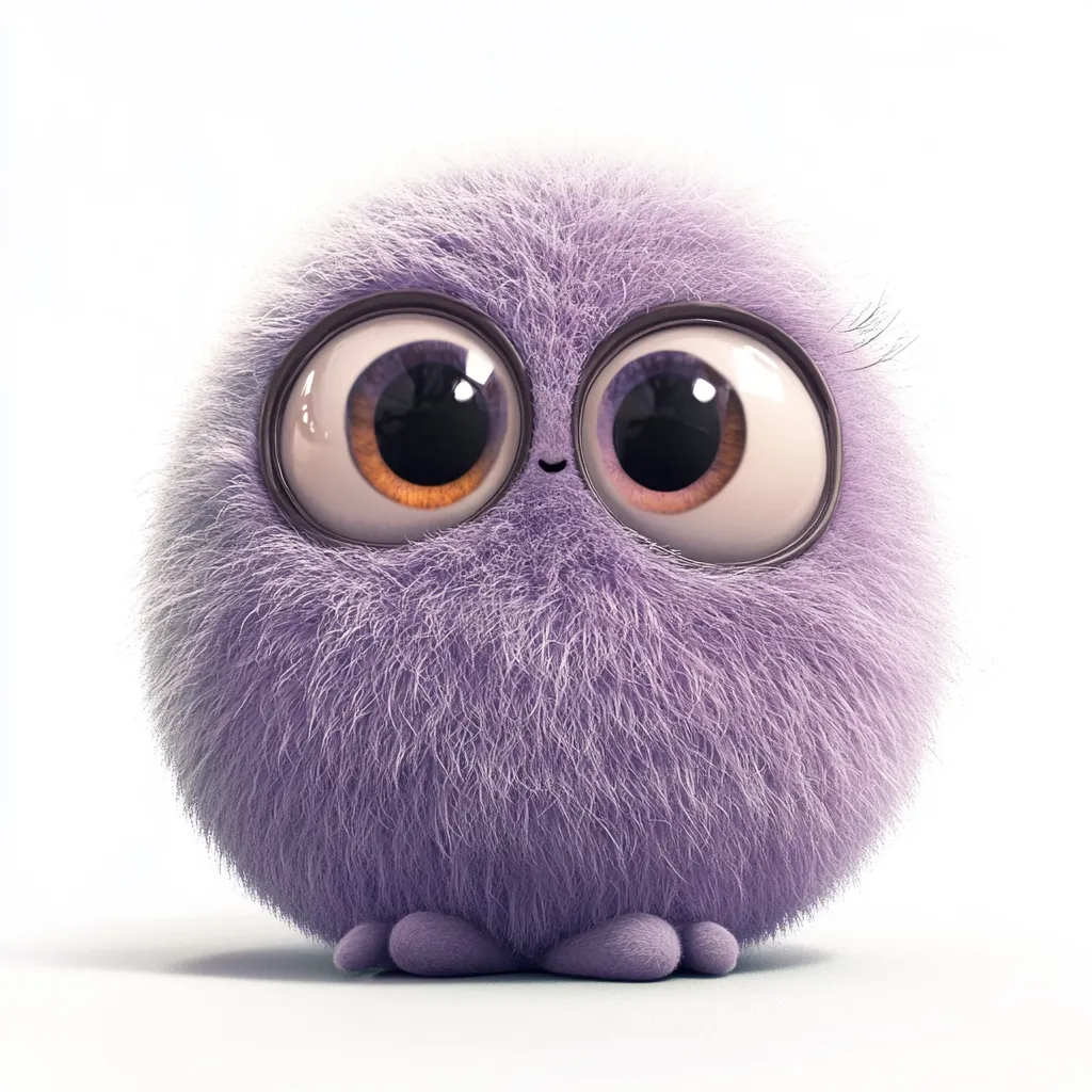Here's a description of the image:

The image shows a cute, 3D-rendered creature resembling a fluffy, lavender-colored ball.  It has large, expressive eyes with orange and purple irises, giving it an endearingly innocent look.  Small, stubby feet are visible beneath its furry exterior.  A few delicate eyelashes add a feminine touch. The creature is positioned centrally against a plain white background, enhancing its visual appeal and making it the clear focal point. The overall style is cartoonish and playful.
