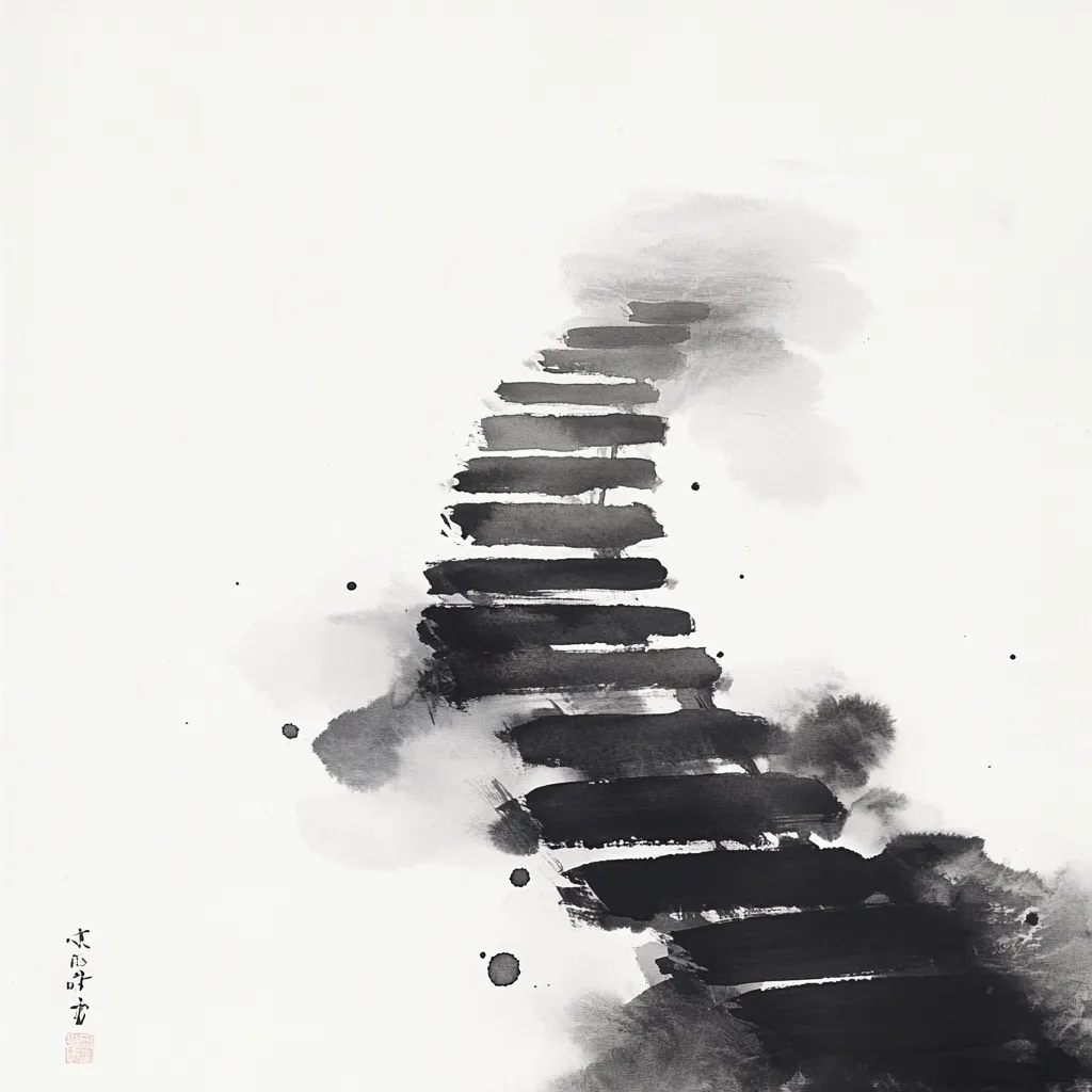The artwork is an abstract ink painting, likely in the style of East Asian sumi-e, featuring a staircase ascending into a hazy, indistinct space.  The stairs are rendered with bold, expressive brushstrokes of varying shades of black and gray, suggesting movement and a sense of journey.  The background is a wash of pale gray and white, with scattered ink splatters adding texture. The overall impression is one of mystery, contemplation, and the passage of time.  A signature and seal are visible in the bottom left corner.