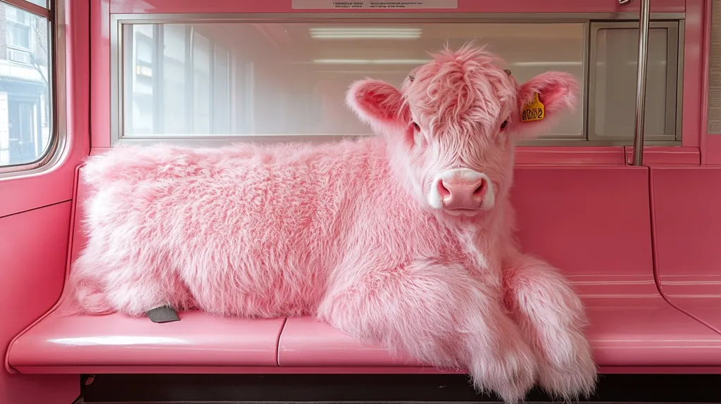 A fluffy, pink Highland calf sits calmly on a bright pink seat inside a similarly colored subway car.  The calf's fur is exceptionally soft-looking, and its expression is serene.  A small yellow tag is visible in its ear. The clean, modern aesthetic of the train contrasts with the unusual passenger, creating a striking and memorable image. The scene is brightly lit, emphasizing the vibrant pink hues.