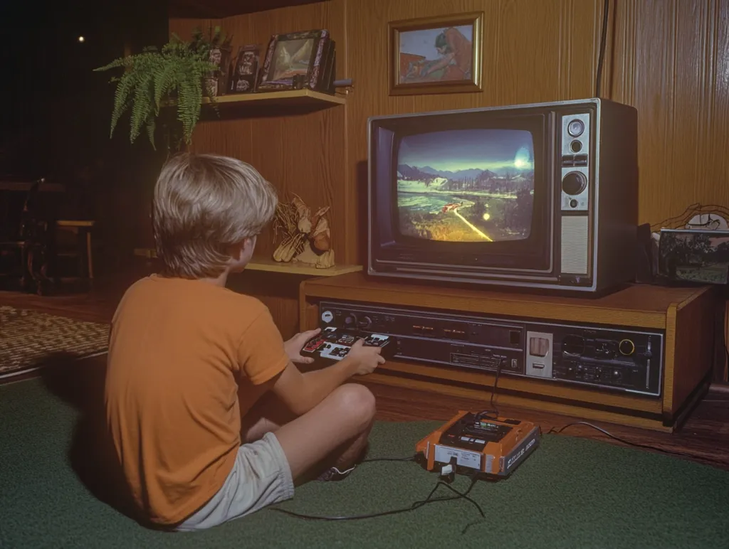 A young boy sits on a green carpet, engrossed in a vintage video game console connected to a large, boxy television.  The game displays a landscape scene on the screen. The boy, wearing an orange shirt and shorts, is focused on the controller.  The television rests on a wood entertainment center, adorned with family photos and a fern. The scene is reminiscent of a 1970s or early 1980s home.  The overall atmosphere is warm and nostalgic.