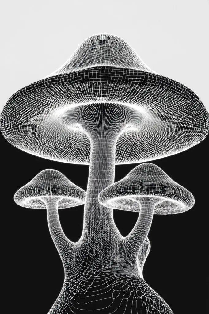 Here's a description of the image:

The image showcases a stylized depiction of three mushrooms, rendered in a wireframe style against a stark black and white background. The largest mushroom dominates the top, with two smaller ones branching from the base. The entire structure is a complex network of interconnected lines, creating a sense of depth and intricate detail. The white lines stand out against the dark background, making the design visually striking and suggestive of a digital or 3D model. The overall effect is both organic and geometric, blending natural forms with a technological aesthetic.