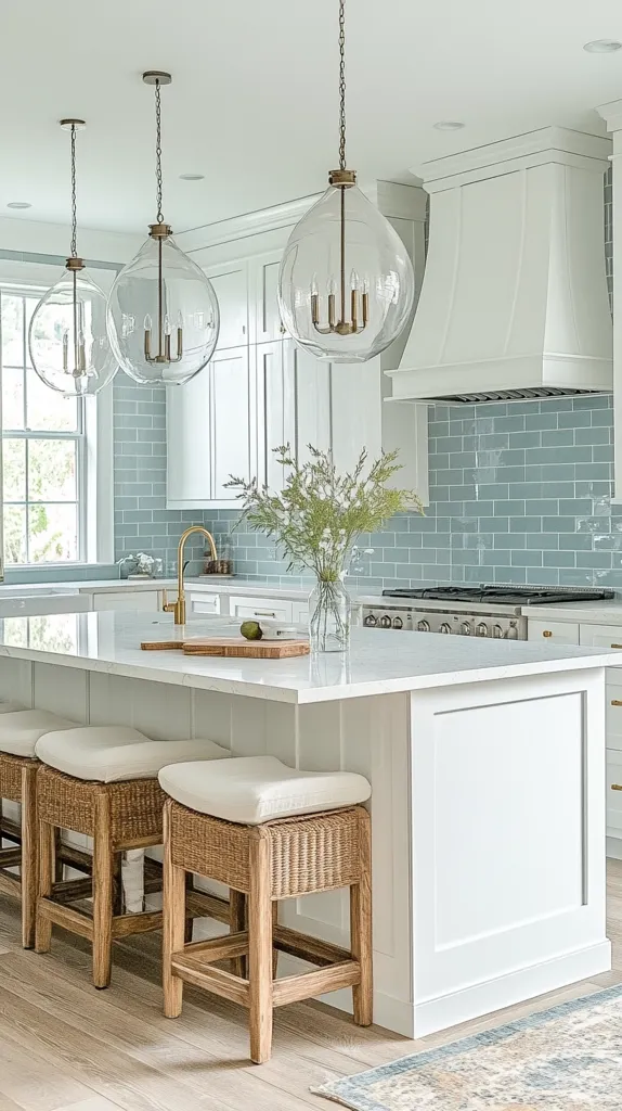 Here's a description of the image:

A bright, airy kitchen features a large white island with a white quartz countertop and three woven wicker bar stools with off-white cushions.  The island sits on a light wood floor. Above, three large glass globe pendant lights hang at varying heights, casting a soft glow. The backsplash is a light blue subway tile, complementing the white shaker-style cabinets. A bouquet of greenery sits on the island. The overall style is clean, classic, and subtly coastal.