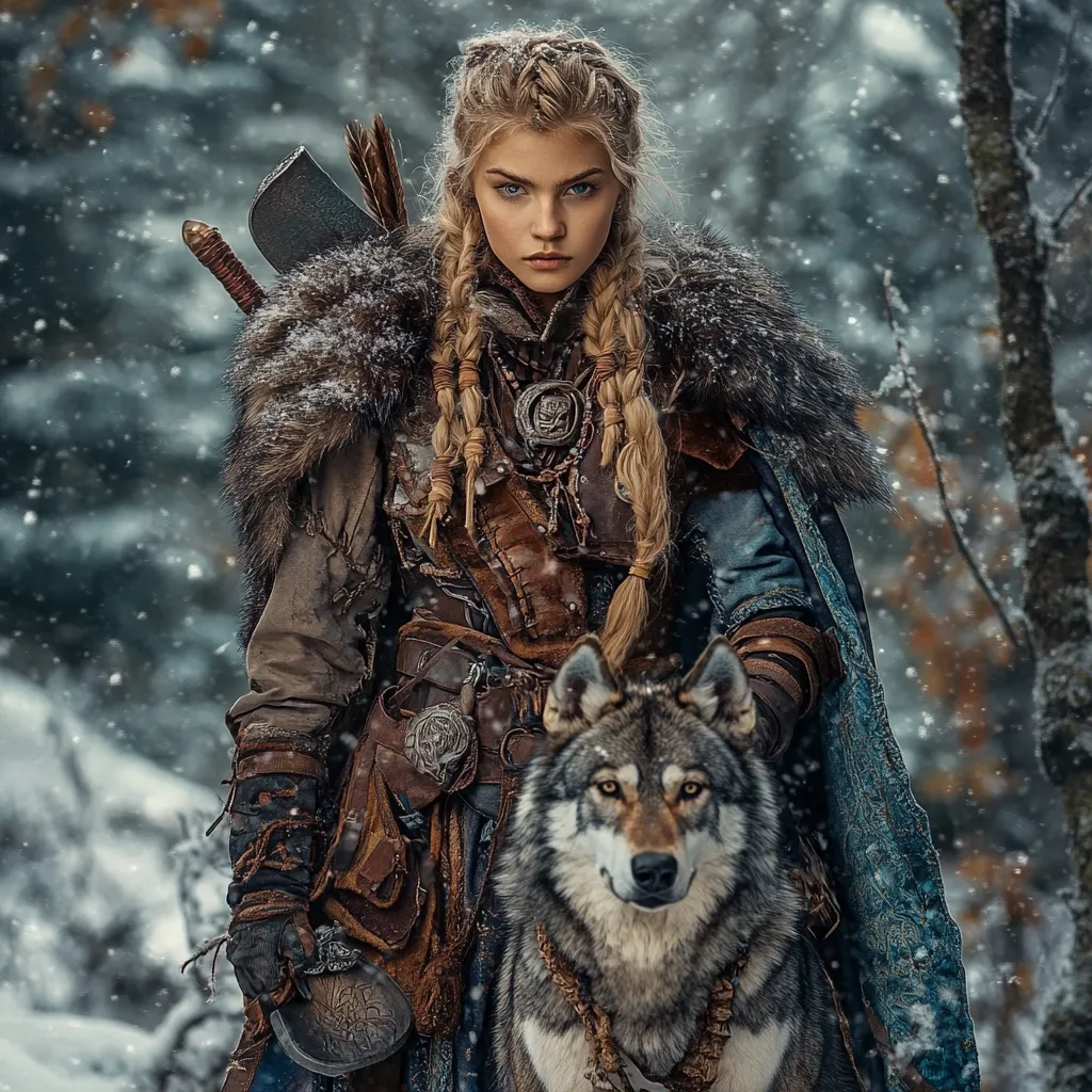 A striking image portrays a fierce female warrior, clad in richly detailed medieval garb.  Her blonde braids frame a determined face, and she's adorned with leather armor, fur, and a variety of metallic accessories.  A large axe is strapped to her back.  She stands confidently alongside a grey wolf, its gaze as intense as hers.  Snow falls softly around them, enhancing the wintry, atmospheric setting within a snowy forest.  The overall impression is one of strength, resilience, and a connection with nature.