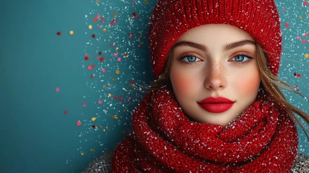 A close-up shot depicts a young woman's face, partially obscured by a vibrant red knitted hat and scarf.  She has light skin, freckles, and striking blue eyes.  Her makeup features a bold red lipstick.  The background is a teal color with falling confetti and simulated snow, creating a festive, wintery atmosphere. The overall mood is cheerful and stylish.